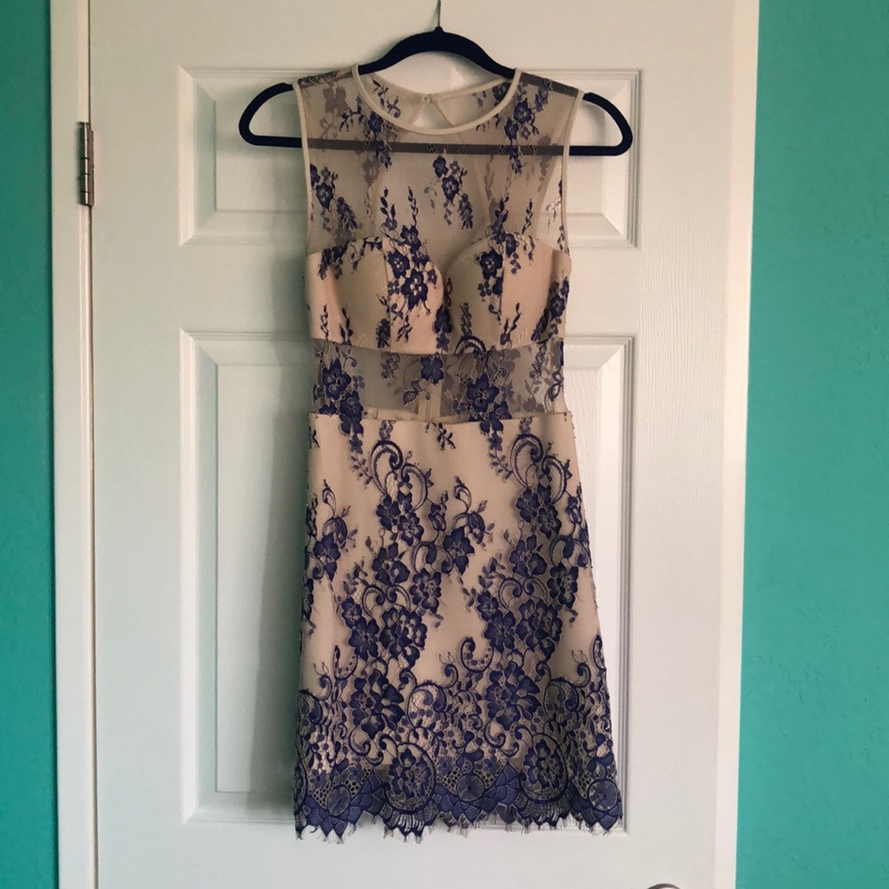 Bebe lace cocktail dress, cream/nude and blue